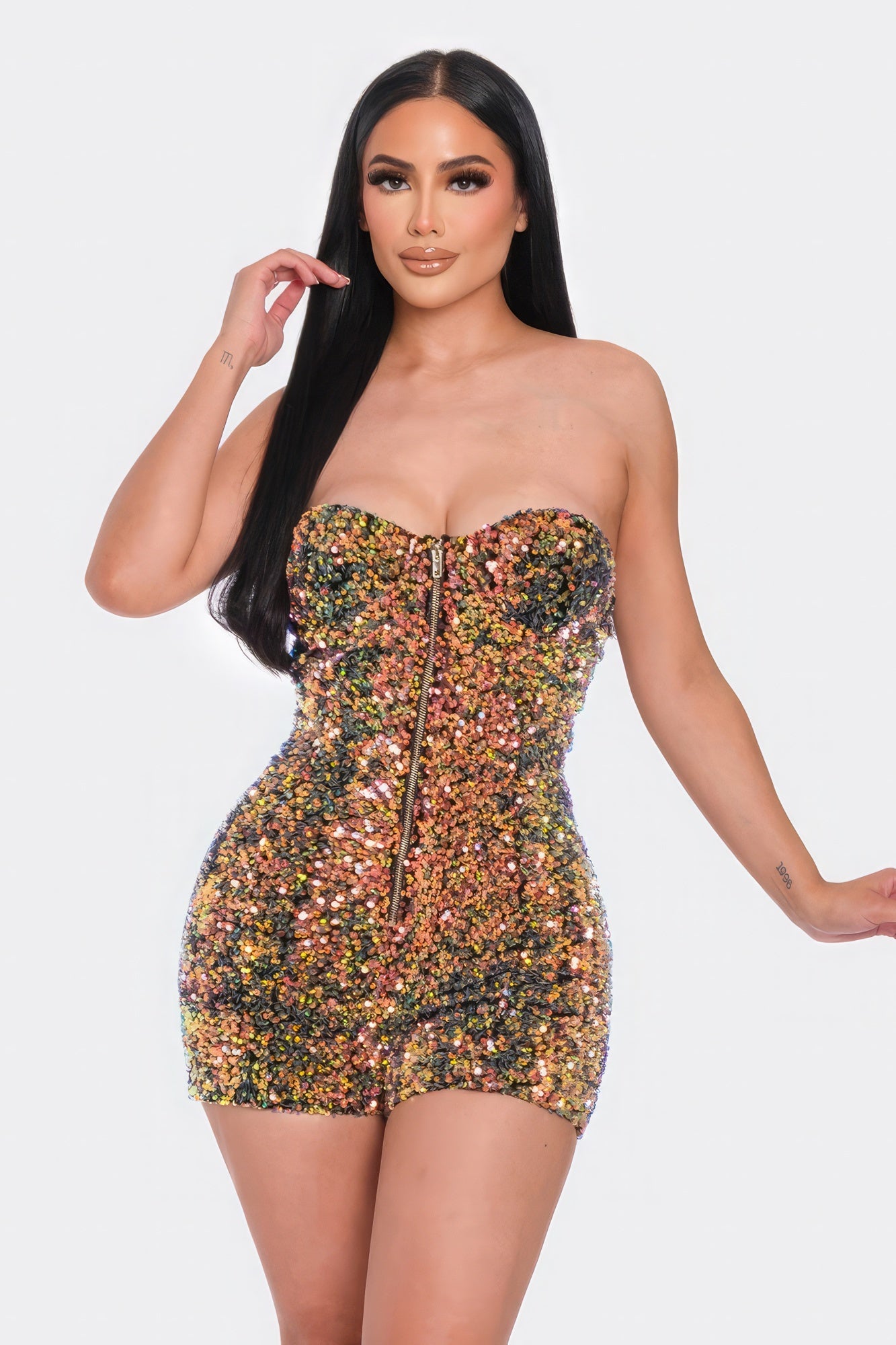 Multi-Sequins Strapless Tube Top Romper with Gold Zipper & Illusion Neckline – Glamorous Mini Romper for Parties & Special Events