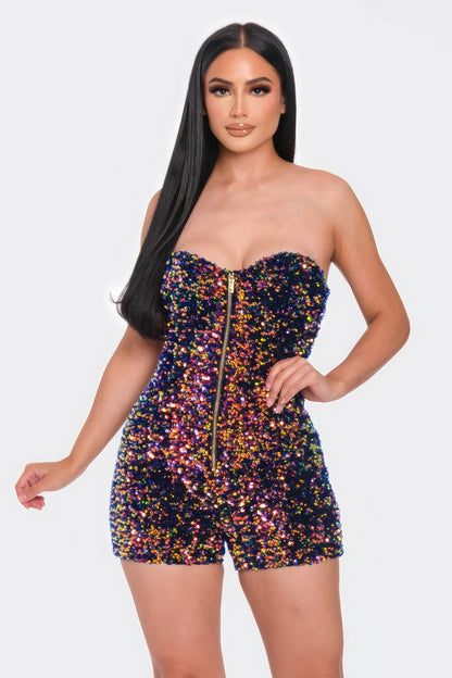 Multi-Sequins Strapless Tube Top Romper with Gold Zipper & Illusion Neckline – Glamorous Mini Romper for Parties & Special Events