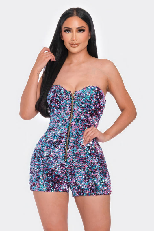 Multi-Sequins Strapless Tube Top Romper with Gold Zipper & Illusion Neckline – Glamorous Mini Romper for Parties & Special Events