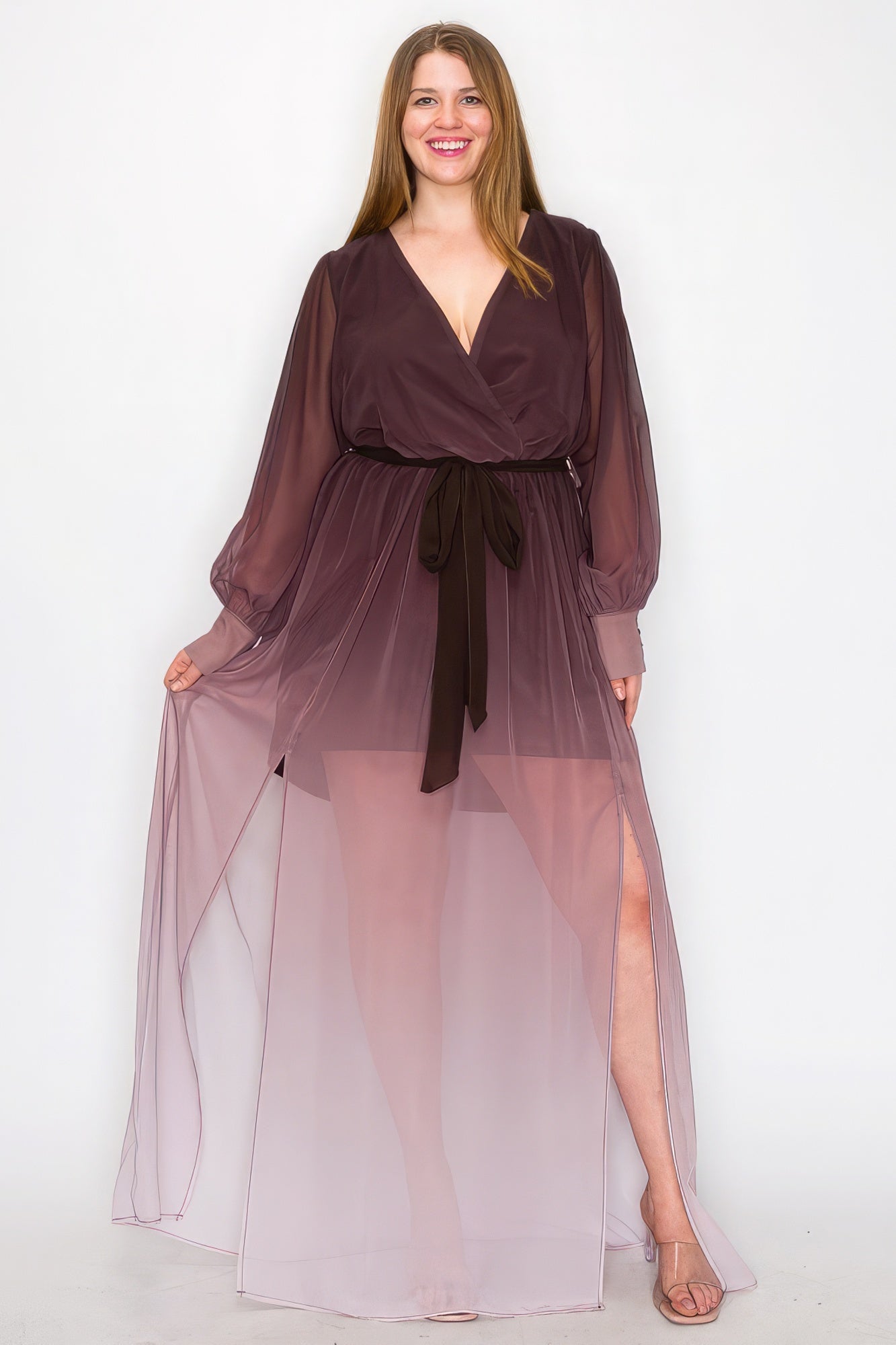 Ombre Chiffon Wrap Front Maxi Dress – Long Sleeve, Tie Waist, Slit Front, Lightweight & Comfortable for a Stylish, Dramatic Look