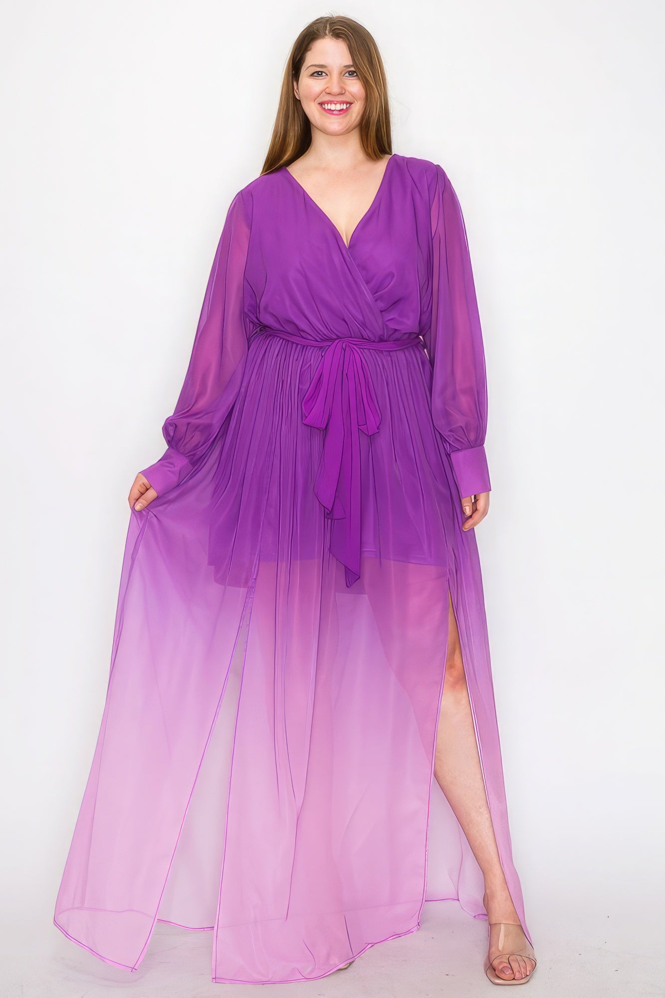 Ombre Chiffon Wrap Front Maxi Dress – Long Sleeve, Tie Waist, Slit Front, Lightweight & Comfortable for a Stylish, Dramatic Look