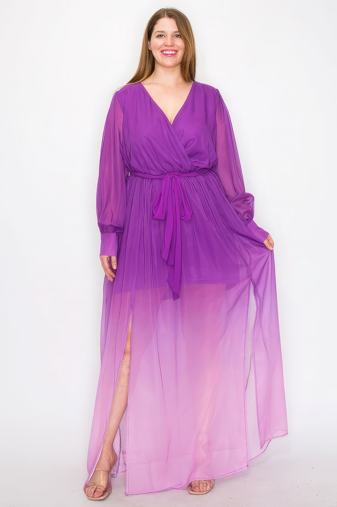 Ombre Chiffon Wrap Front Maxi Dress – Long Sleeve, Tie Waist, Slit Front, Lightweight & Comfortable for a Stylish, Dramatic Look