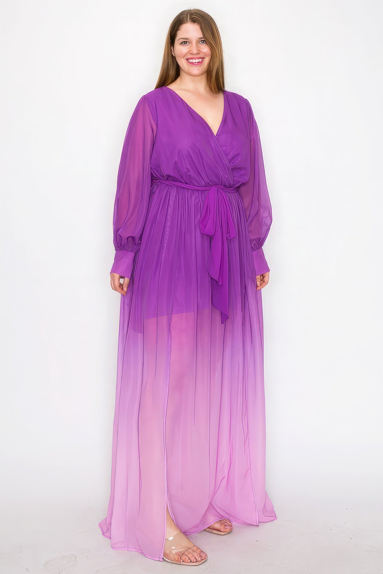 Ombre Chiffon Wrap Front Maxi Dress – Long Sleeve, Tie Waist, Slit Front, Lightweight & Comfortable for a Stylish, Dramatic Look