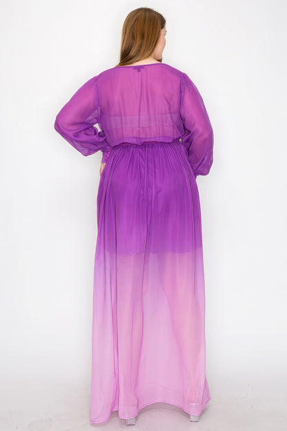 Ombre Chiffon Wrap Front Maxi Dress – Long Sleeve, Tie Waist, Slit Front, Lightweight & Comfortable for a Stylish, Dramatic Look