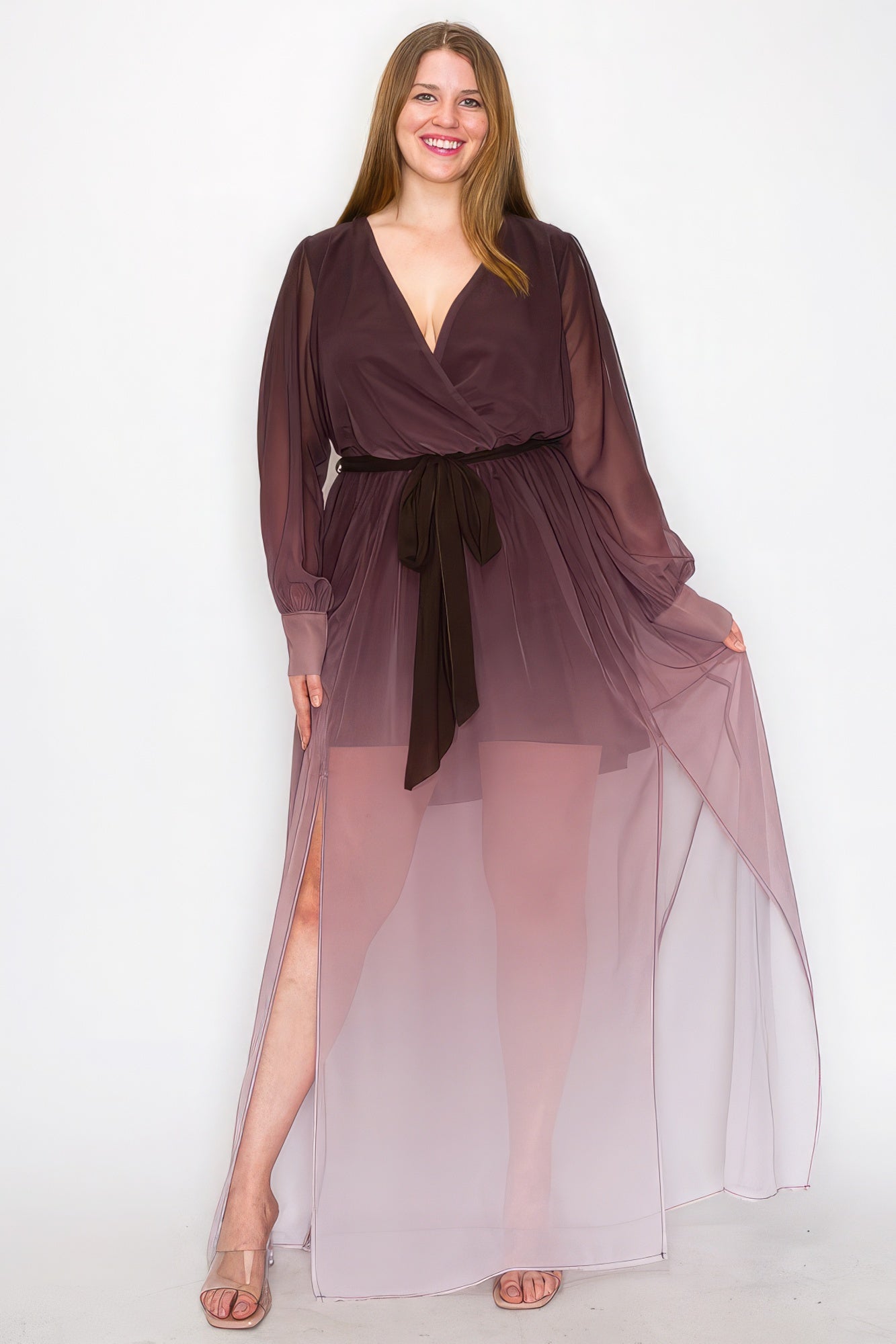 Ombre Chiffon Wrap Front Maxi Dress – Long Sleeve, Tie Waist, Slit Front, Lightweight & Comfortable for a Stylish, Dramatic Look