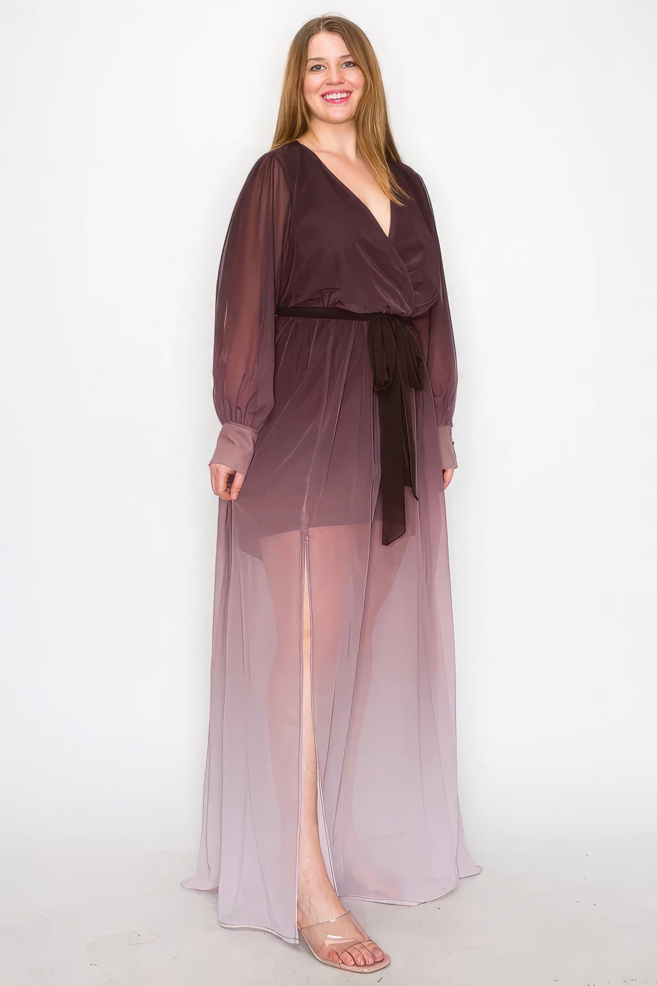 Ombre Chiffon Wrap Front Maxi Dress – Long Sleeve, Tie Waist, Slit Front, Lightweight & Comfortable for a Stylish, Dramatic Look