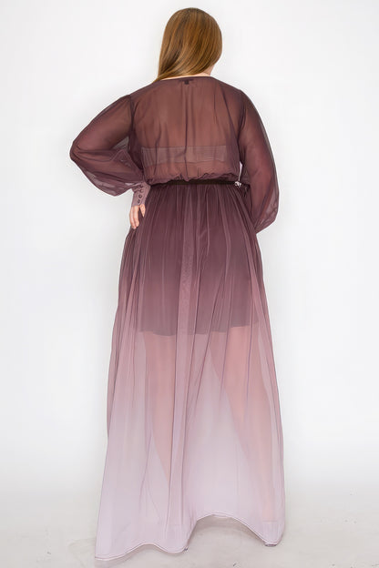 Ombre Chiffon Wrap Front Maxi Dress – Long Sleeve, Tie Waist, Slit Front, Lightweight & Comfortable for a Stylish, Dramatic Look