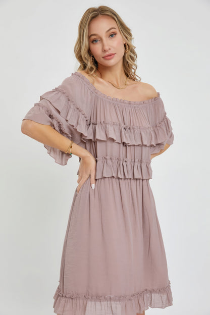 Off-Shoulder Ruffle Dress – Lightweight Polyester, Bohemian-Inspired Design, Relaxed Fit, Flowy Silhouette, Fully Lined Skirt, Perfect for Casual Weddings & Special Occasions