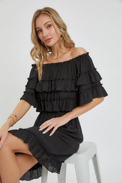 Off-Shoulder Ruffle Dress – Lightweight Polyester, Bohemian-Inspired Design, Relaxed Fit, Flowy Silhouette, Fully Lined Skirt, Perfect for Casual Weddings & Special Occasions