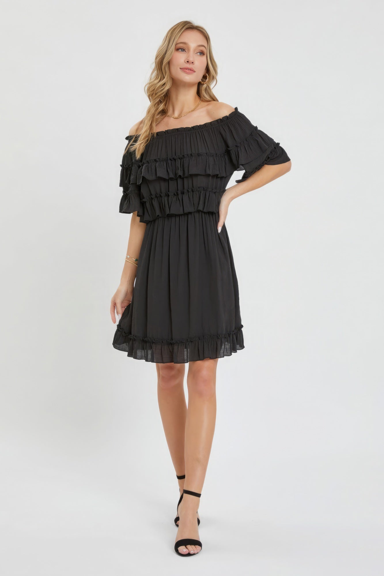 Off-Shoulder Ruffle Dress – Lightweight Polyester, Bohemian-Inspired Design, Relaxed Fit, Flowy Silhouette, Fully Lined Skirt, Perfect for Casual Weddings & Special Occasions