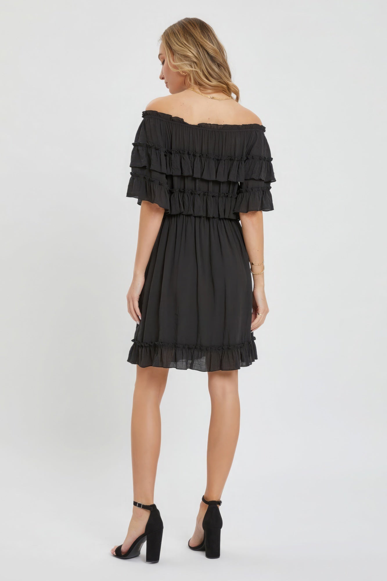 Off-Shoulder Ruffle Dress – Lightweight Polyester, Bohemian-Inspired Design, Relaxed Fit, Flowy Silhouette, Fully Lined Skirt, Perfect for Casual Weddings & Special Occasions