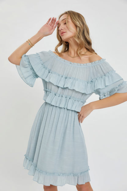 Off-Shoulder Ruffle Dress – Lightweight Polyester, Bohemian-Inspired Design, Relaxed Fit, Flowy Silhouette, Fully Lined Skirt, Perfect for Casual Weddings & Special Occasions