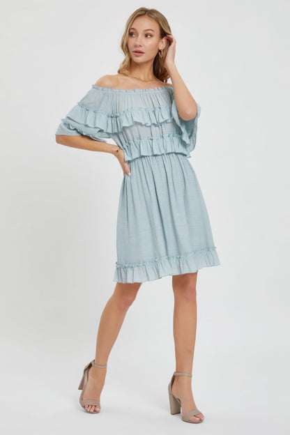 Off-Shoulder Ruffle Dress – Lightweight Polyester, Bohemian-Inspired Design, Relaxed Fit, Flowy Silhouette, Fully Lined Skirt, Perfect for Casual Weddings & Special Occasions