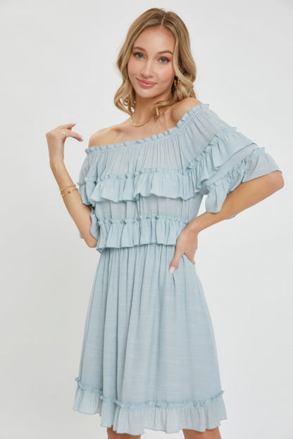 Off-Shoulder Ruffle Dress – Lightweight Polyester, Bohemian-Inspired Design, Relaxed Fit, Flowy Silhouette, Fully Lined Skirt, Perfect for Casual Weddings & Special Occasions