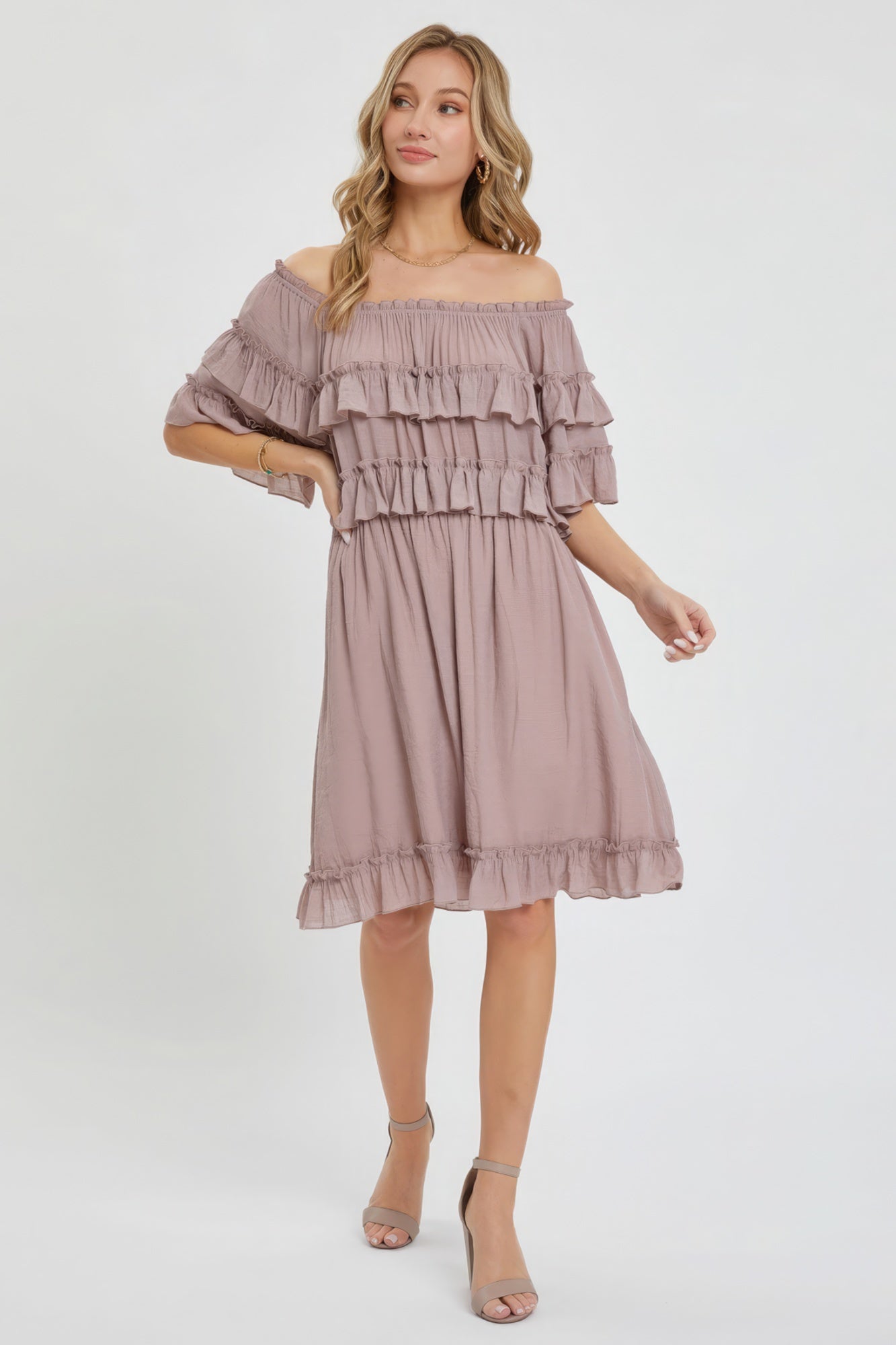 Off-Shoulder Ruffle Dress – Lightweight Polyester, Bohemian-Inspired Design, Relaxed Fit, Flowy Silhouette, Fully Lined Skirt, Perfect for Casual Weddings & Special Occasions