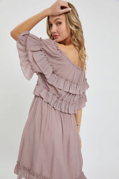 Off-Shoulder Ruffle Dress – Lightweight Polyester, Bohemian-Inspired Design, Relaxed Fit, Flowy Silhouette, Fully Lined Skirt, Perfect for Casual Weddings & Special Occasions