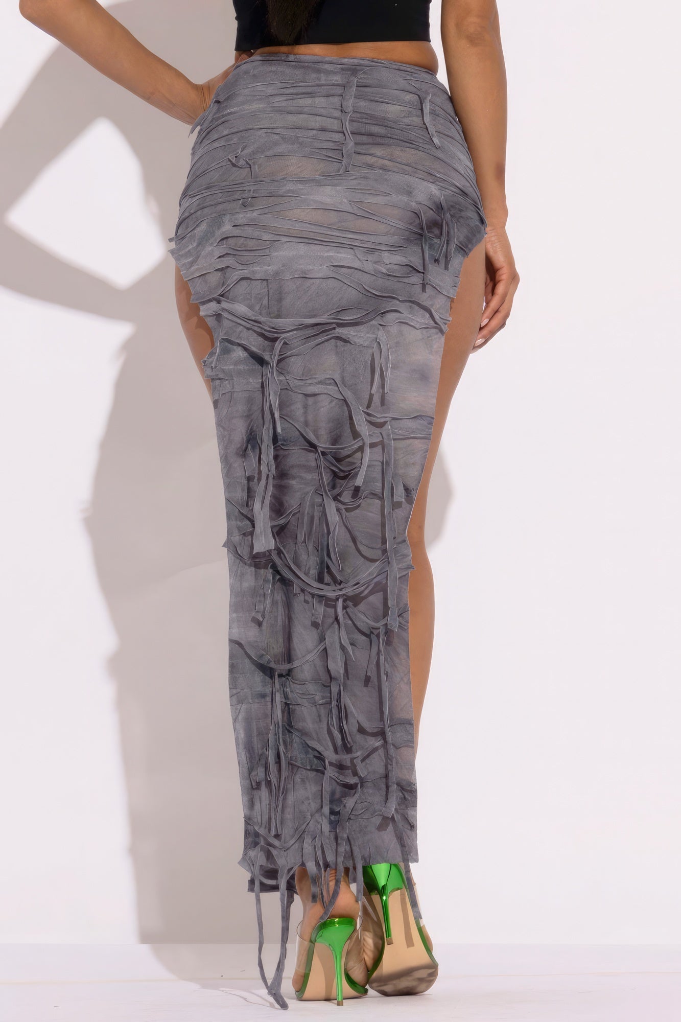 Bold Grey Combo Distressed Thigh Slit Maxi Skirt – Edgy Elegance with Comfort and Style (95% Polyester, 5% Spandex)