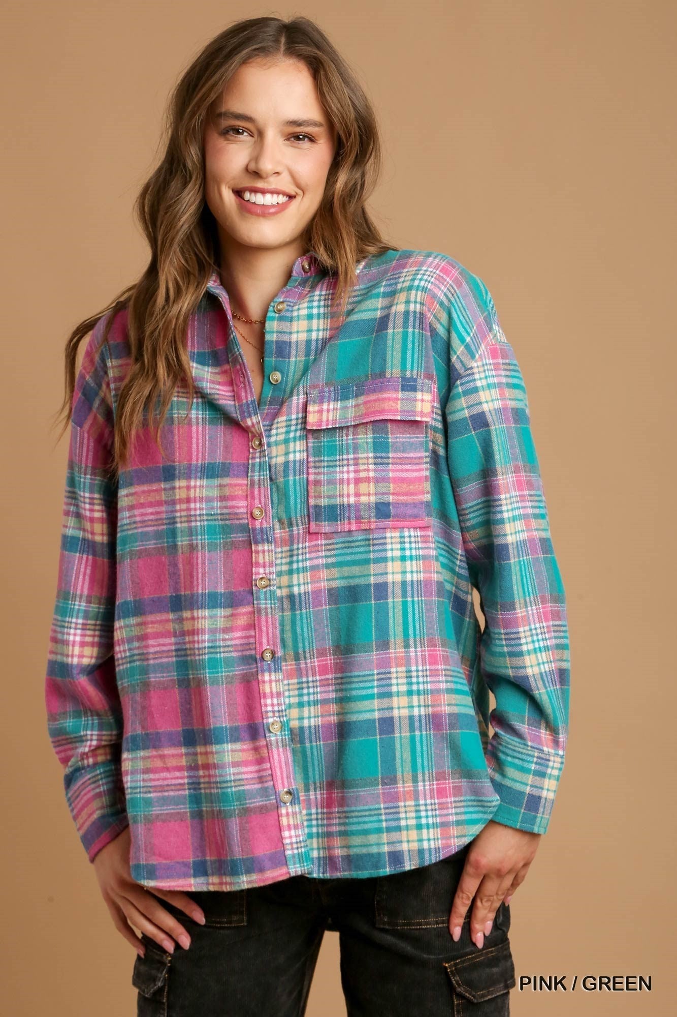 Mixed Plaid Boxy Flannel Button-Down Shirt – Cotton-Poly Blend with Front Pocket for a Modern, Relaxed Fit & Effortless Style