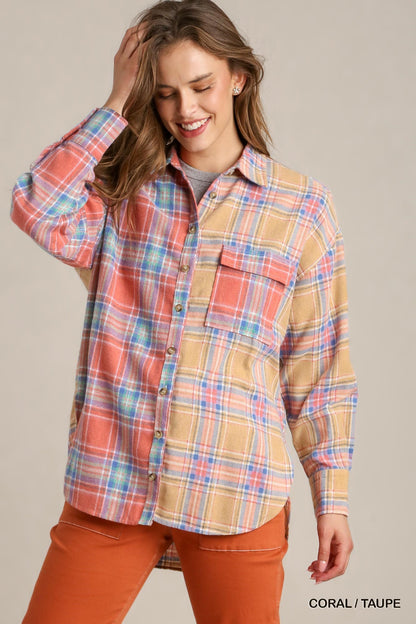 Mixed Plaid Boxy Flannel Button-Down Shirt – Cotton-Poly Blend with Front Pocket for a Modern, Relaxed Fit & Effortless Style