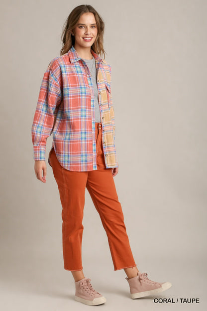 Mixed Plaid Boxy Flannel Button-Down Shirt – Cotton-Poly Blend with Front Pocket for a Modern, Relaxed Fit & Effortless Style