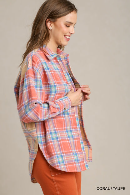 Mixed Plaid Boxy Flannel Button-Down Shirt – Cotton-Poly Blend with Front Pocket for a Modern, Relaxed Fit & Effortless Style