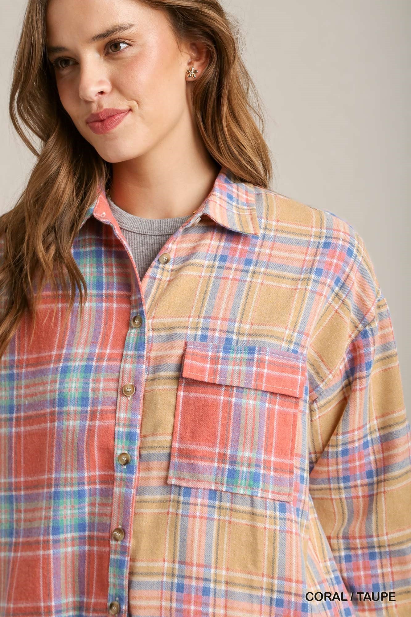 Mixed Plaid Boxy Flannel Button-Down Shirt – Cotton-Poly Blend with Front Pocket for a Modern, Relaxed Fit & Effortless Style