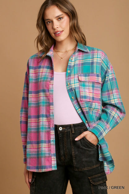 Mixed Plaid Boxy Flannel Button-Down Shirt – Cotton-Poly Blend with Front Pocket for a Modern, Relaxed Fit & Effortless Style