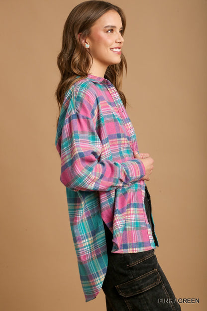 Mixed Plaid Boxy Flannel Button-Down Shirt – Cotton-Poly Blend with Front Pocket for a Modern, Relaxed Fit & Effortless Style