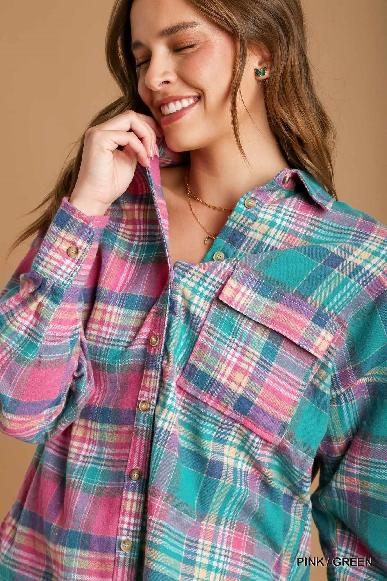 Mixed Plaid Boxy Flannel Button-Down Shirt – Cotton-Poly Blend with Front Pocket for a Modern, Relaxed Fit & Effortless Style