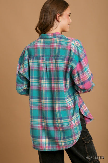 Mixed Plaid Boxy Flannel Button-Down Shirt – Cotton-Poly Blend with Front Pocket for a Modern, Relaxed Fit & Effortless Style