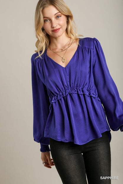 Satin V-Neck Ruffle Baby Doll Top with Cuffed Long Sleeves – Polyester Satin, Smooth Fabric, Perfect for Casual Outings, Dinner Dates, and Playful Yet Refined Style