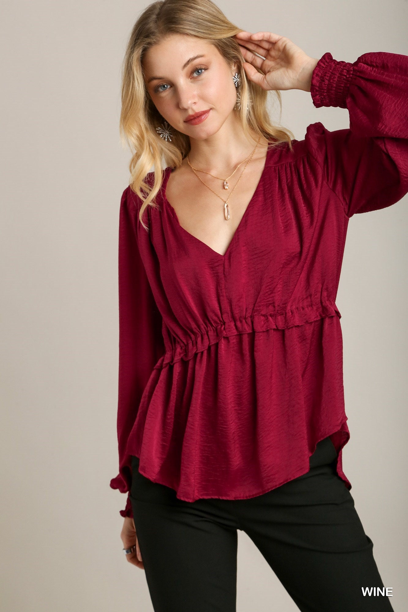 Satin V-Neck Ruffle Baby Doll Top with Cuffed Long Sleeves – Polyester Satin, Smooth Fabric, Perfect for Casual Outings, Dinner Dates, and Playful Yet Refined Style