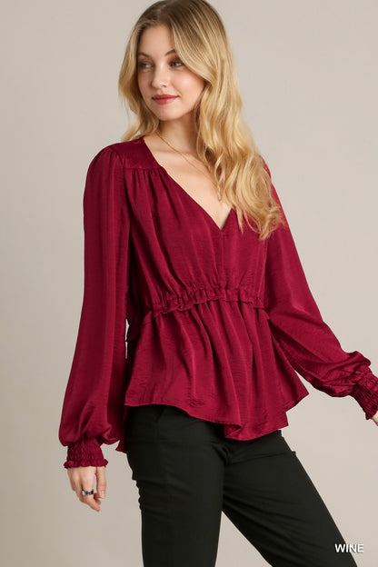 Satin V-Neck Ruffle Baby Doll Top with Cuffed Long Sleeves – Polyester Satin, Smooth Fabric, Perfect for Casual Outings, Dinner Dates, and Playful Yet Refined Style