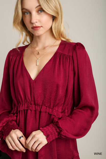 Satin V-Neck Ruffle Baby Doll Top with Cuffed Long Sleeves – Polyester Satin, Smooth Fabric, Perfect for Casual Outings, Dinner Dates, and Playful Yet Refined Style