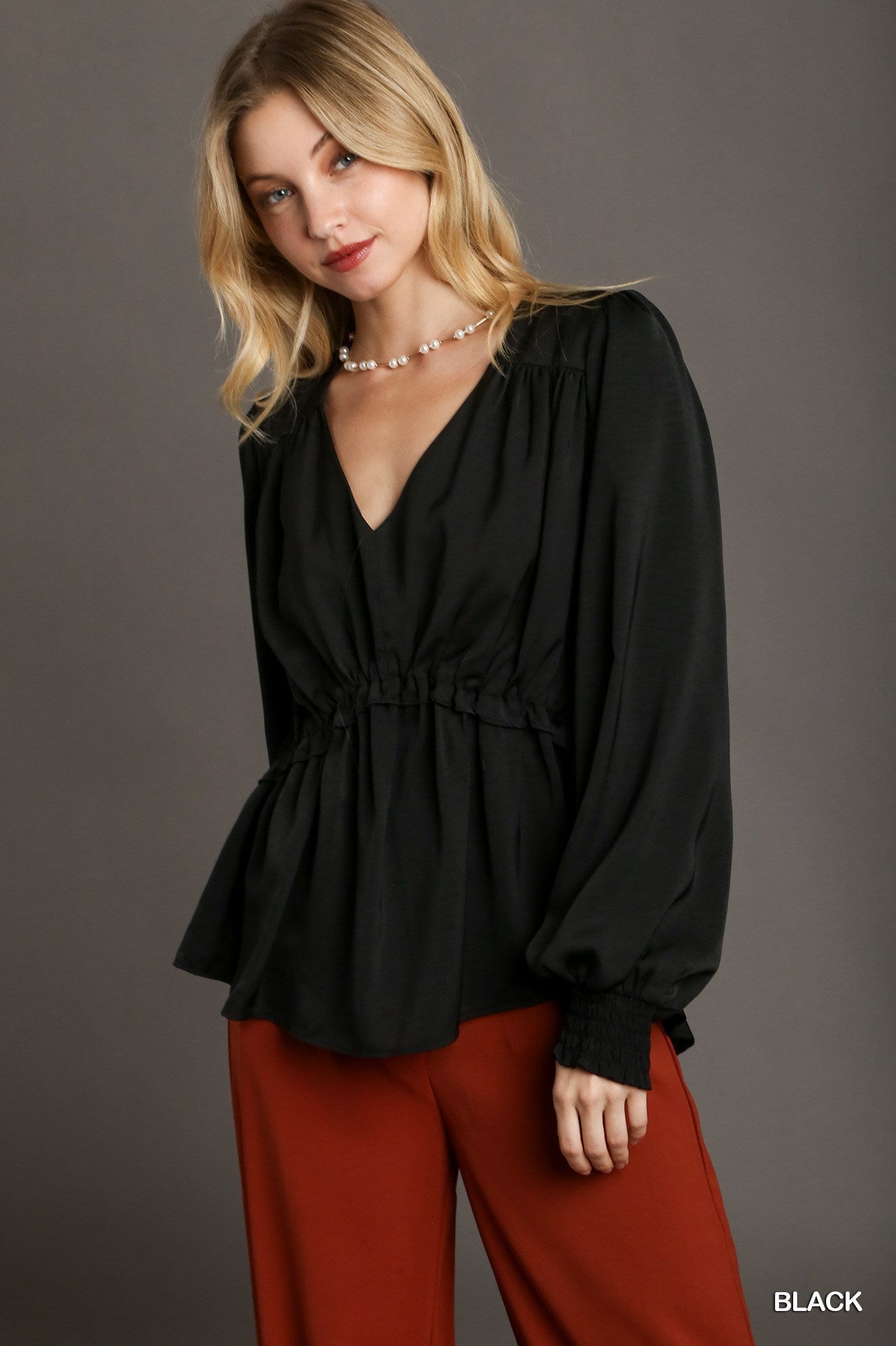 Satin V-Neck Ruffle Baby Doll Top with Cuffed Long Sleeves – Polyester Satin, Smooth Fabric, Perfect for Casual Outings, Dinner Dates, and Playful Yet Refined Style