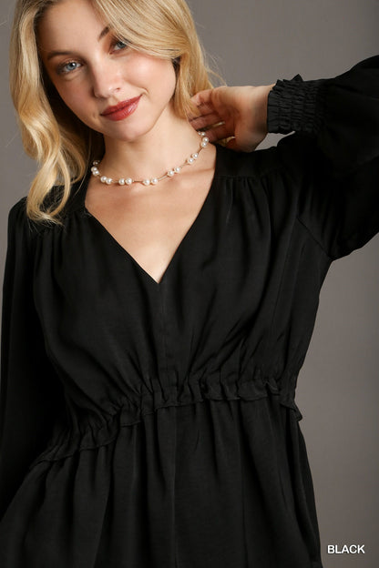 Satin V-Neck Ruffle Baby Doll Top with Cuffed Long Sleeves – Polyester Satin, Smooth Fabric, Perfect for Casual Outings, Dinner Dates, and Playful Yet Refined Style