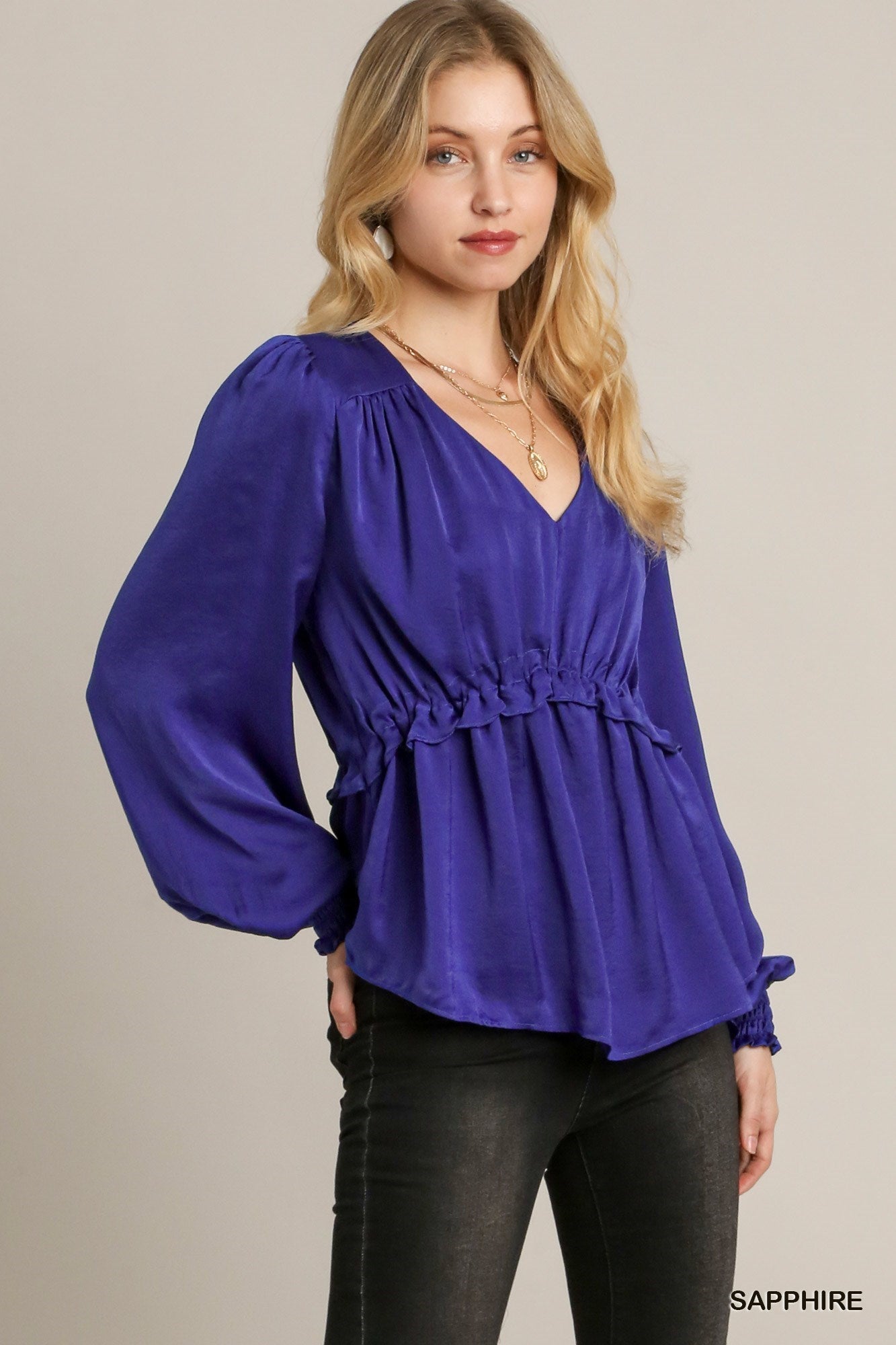 Satin V-Neck Ruffle Baby Doll Top with Cuffed Long Sleeves – Polyester Satin, Smooth Fabric, Perfect for Casual Outings, Dinner Dates, and Playful Yet Refined Style