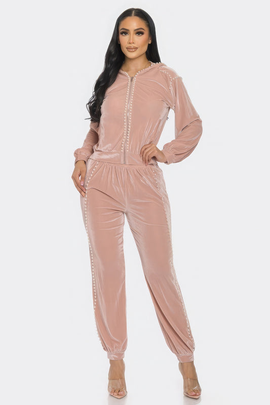 Jogger with Pearls Set – Comfortable and Flexible Polyester and Spandex Set with Pearl Details on Joggers, Hoodie, Waistband, and Front Zipper