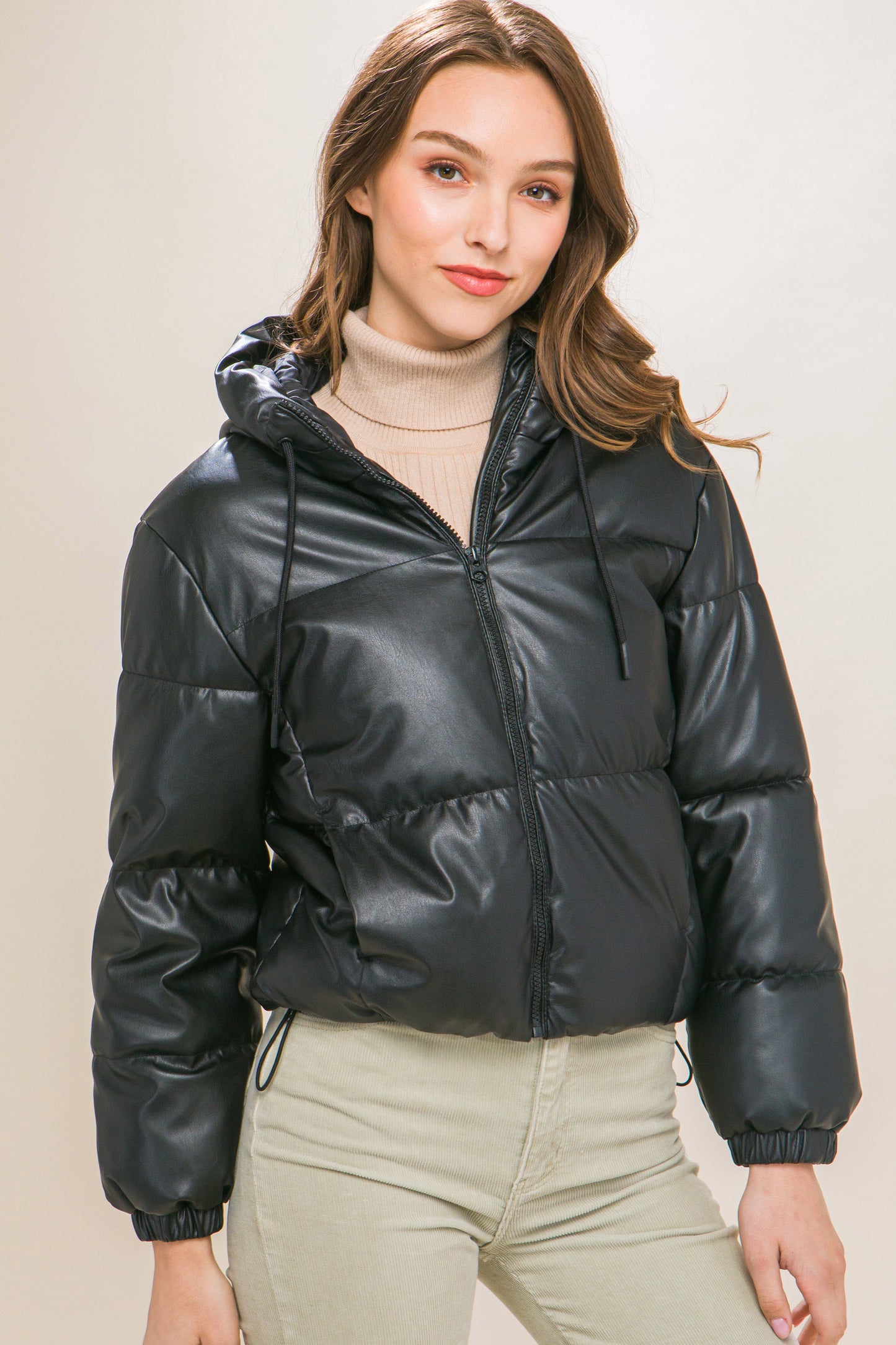 Faux Leather Zipper Hooded Puffer Jacket – Polyurethane, Comfortable & On-Trend Puffer Style, Versatile for Any Occasion, Adds a Pop of Color