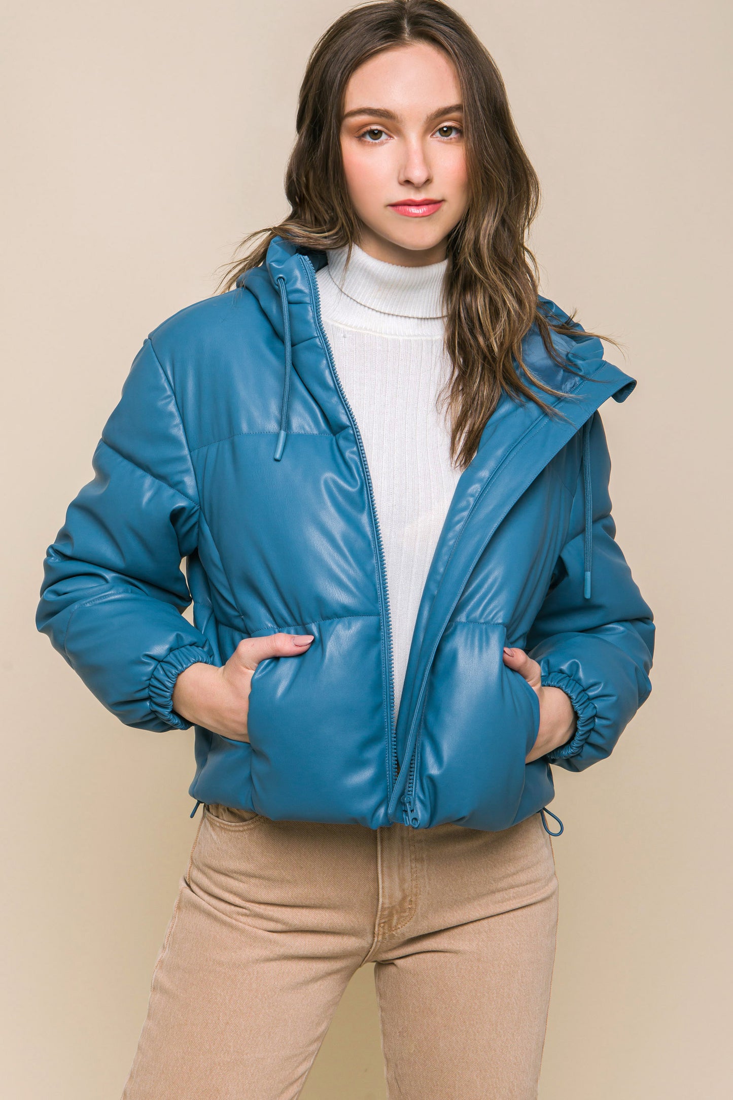 Faux Leather Zipper Hooded Puffer Jacket – Polyurethane, Comfortable & On-Trend Puffer Style, Versatile for Any Occasion, Adds a Pop of Color