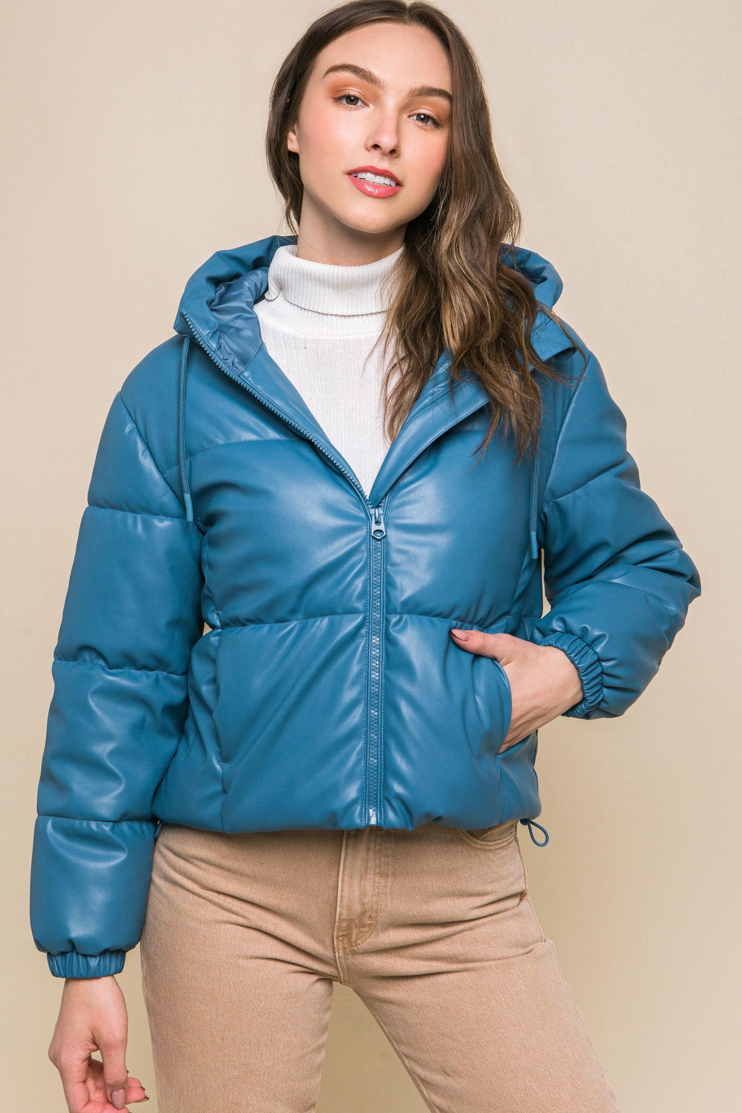 Faux Leather Zipper Hooded Puffer Jacket – Polyurethane, Comfortable & On-Trend Puffer Style, Versatile for Any Occasion, Adds a Pop of Color