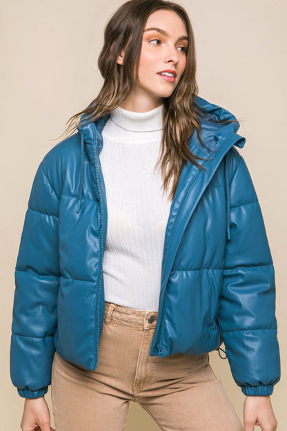 Faux Leather Zipper Hooded Puffer Jacket – Polyurethane, Comfortable & On-Trend Puffer Style, Versatile for Any Occasion, Adds a Pop of Color