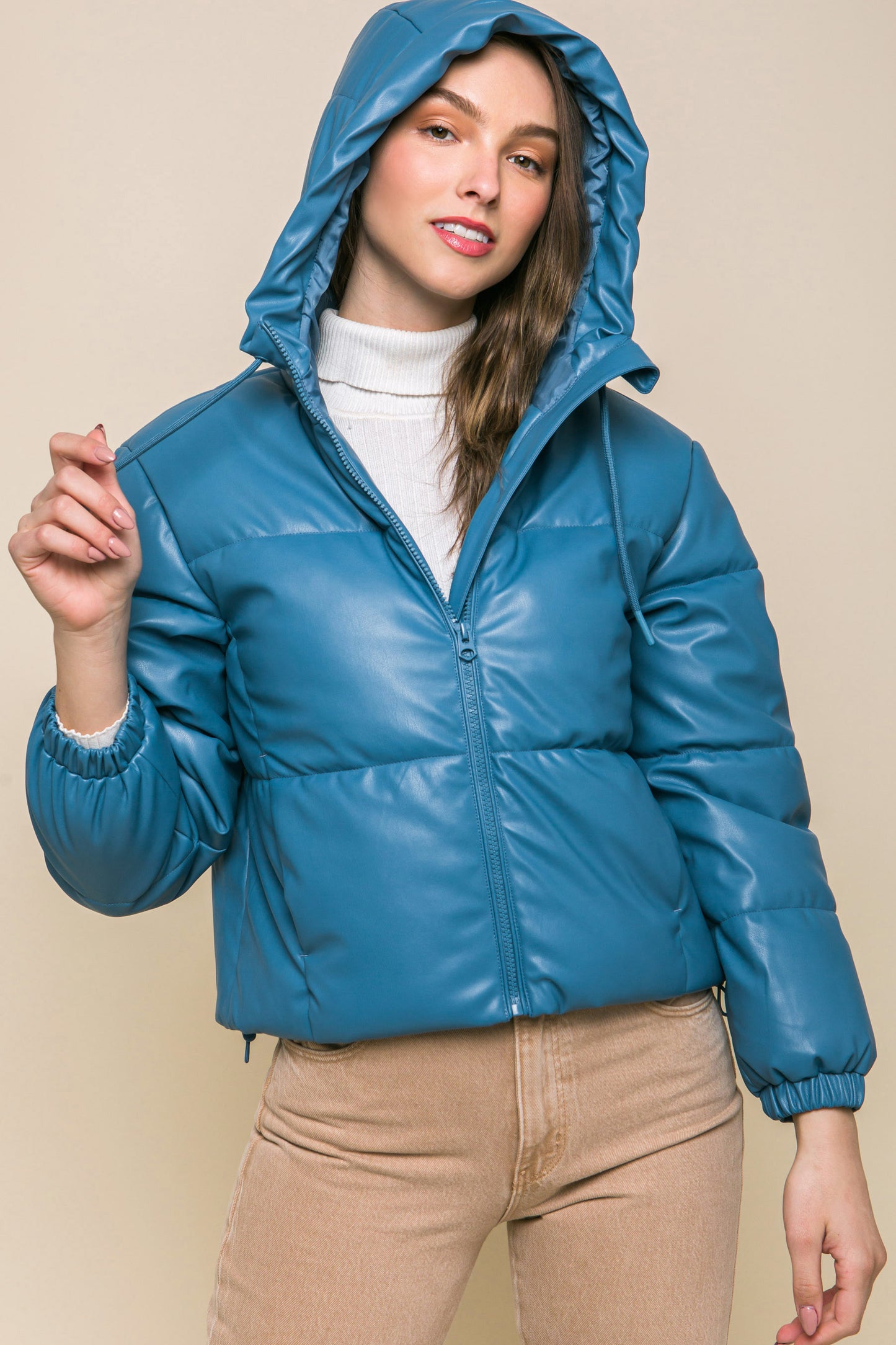 Faux Leather Zipper Hooded Puffer Jacket – Polyurethane, Comfortable & On-Trend Puffer Style, Versatile for Any Occasion, Adds a Pop of Color