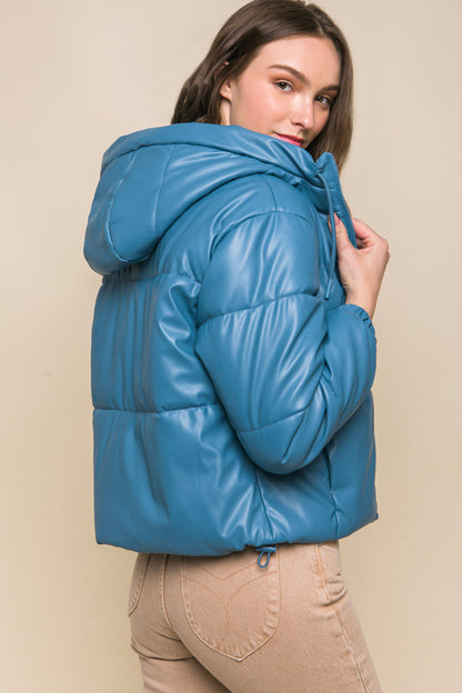 Faux Leather Zipper Hooded Puffer Jacket – Polyurethane, Comfortable & On-Trend Puffer Style, Versatile for Any Occasion, Adds a Pop of Color