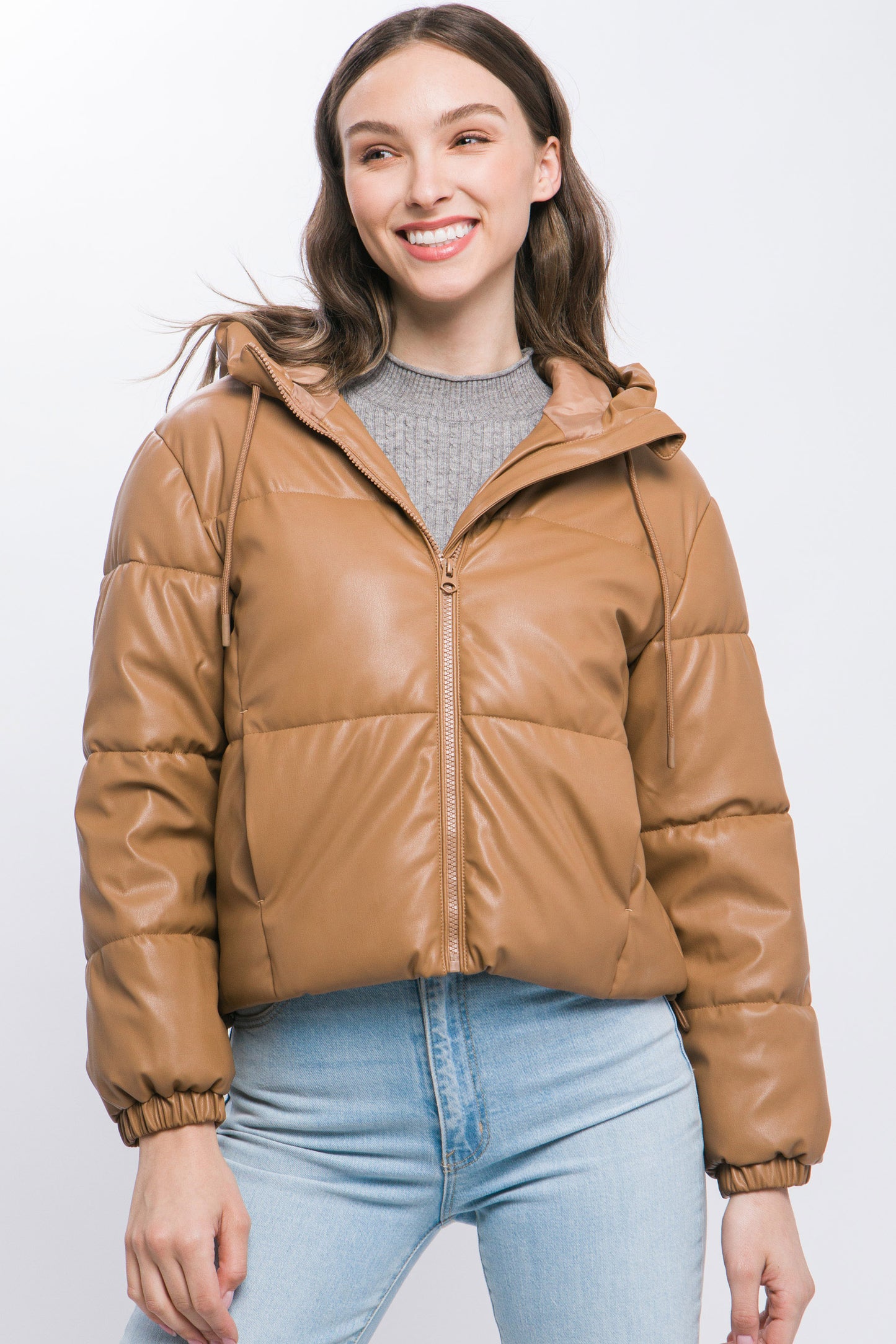 Faux Leather Zipper Hooded Puffer Jacket – Polyurethane, Comfortable & On-Trend Puffer Style, Versatile for Any Occasion, Adds a Pop of Color