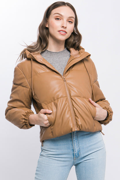 Faux Leather Zipper Hooded Puffer Jacket – Polyurethane, Comfortable & On-Trend Puffer Style, Versatile for Any Occasion, Adds a Pop of Color