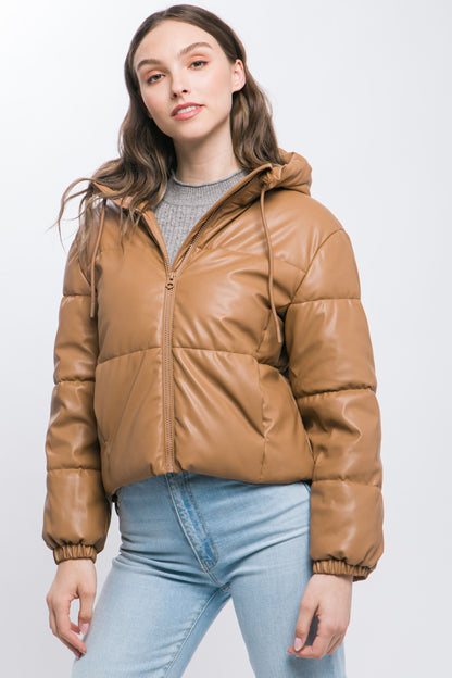 Faux Leather Zipper Hooded Puffer Jacket – Polyurethane, Comfortable & On-Trend Puffer Style, Versatile for Any Occasion, Adds a Pop of Color