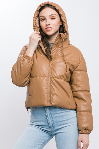 Faux Leather Zipper Hooded Puffer Jacket – Polyurethane, Comfortable & On-Trend Puffer Style, Versatile for Any Occasion, Adds a Pop of Color