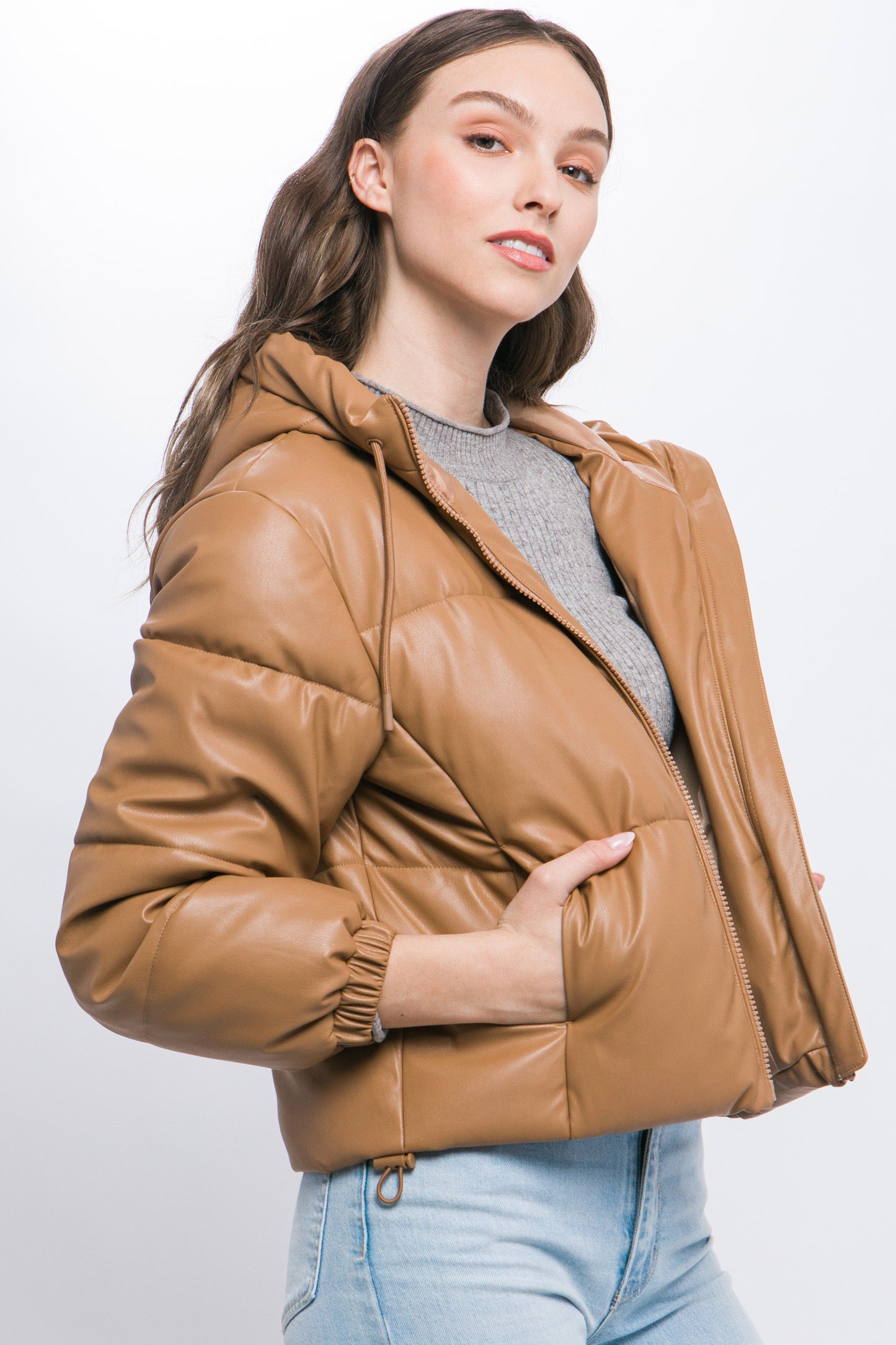 Faux Leather Zipper Hooded Puffer Jacket – Polyurethane, Comfortable & On-Trend Puffer Style, Versatile for Any Occasion, Adds a Pop of Color