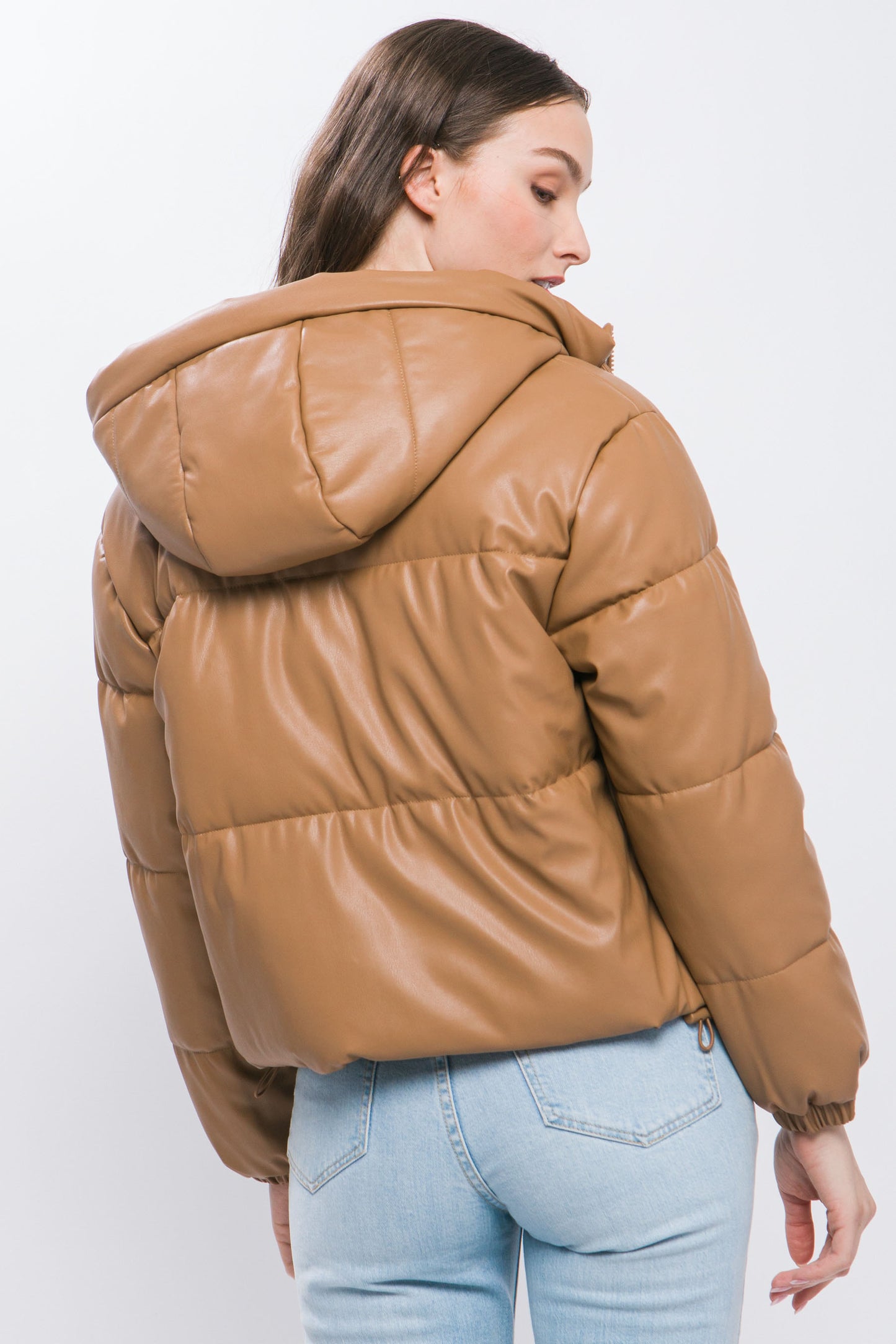 Faux Leather Zipper Hooded Puffer Jacket – Polyurethane, Comfortable & On-Trend Puffer Style, Versatile for Any Occasion, Adds a Pop of Color